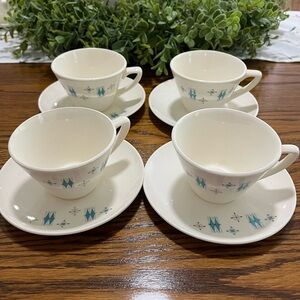 Salem American Ironstone Tea Coffee Cup Aqua Blue Atomic 4 Cups And Saucers USA